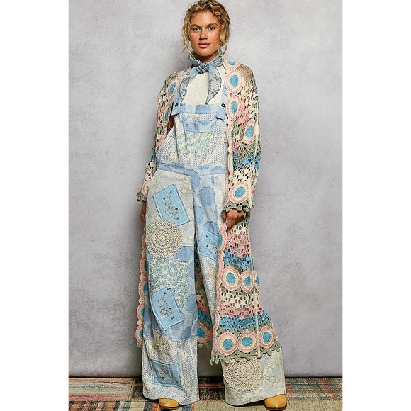 POL Sweaters - POL Boho Crochet Long Duster Cardigan Open Knit Scalloped Edge one size